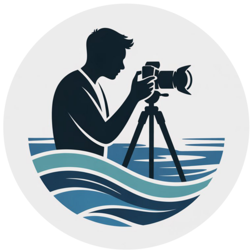 Silhouette of a photographer behind a tripod, surrounded by stylized blue ocean waves