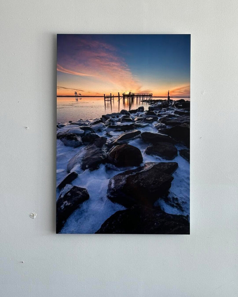 20x30” metal fine art print of a winter sunrise at Rocky Point State Park, Rhode Island, showcasing vivid color and lasting durability.