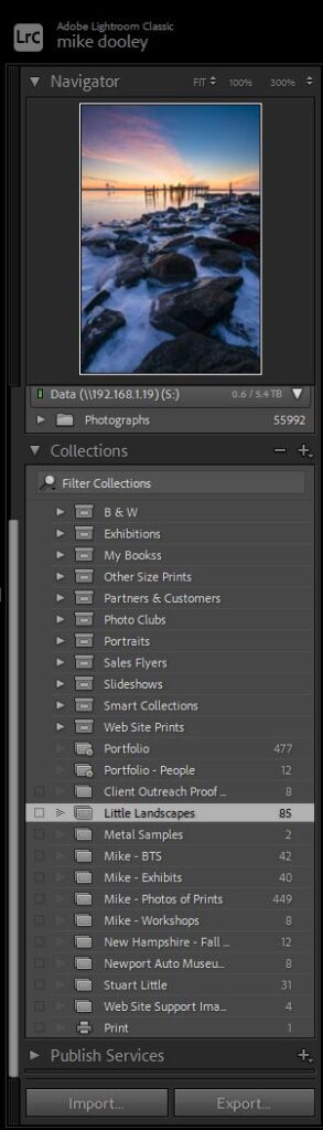 Screenshot of Adobe Lightroom Classic showing the Collections Panel with folders, collections, and smart collections organized for photo workflow.