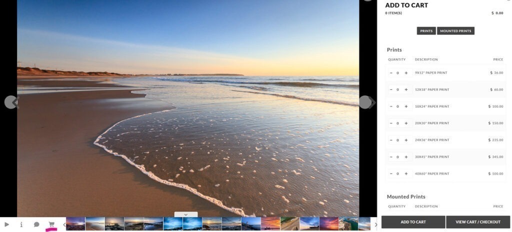 Fine art photography gallery screenshot showing how to order prints — click the red shopping cart icon in the lower left to view print sizes and pricing.