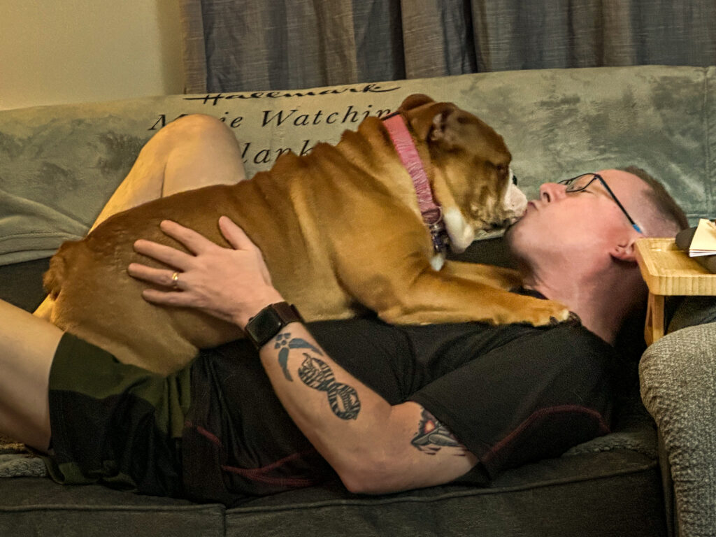 Rhode Island landscape photographer takes a few minutes to snuggle with his English Bulldog Trixie