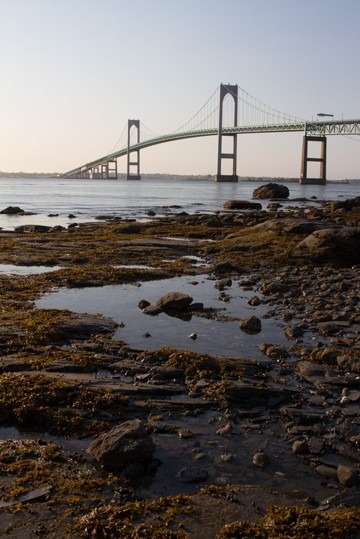 Daytime landscape photo of the Newport Bridge spanning Narragansett Bay, showcasing architectural beauty and coastal scenery under clear skies.