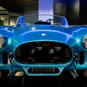 Front end of the Electric Blue Shelby Cobra at the Newport Car Museum, photographed as a fine art print by Mike Dooley.