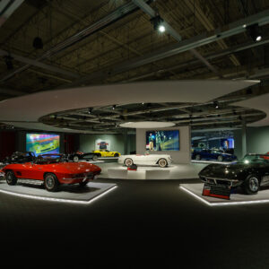 Interior of the Corvette Room at the Newport Car Museum, Rhode Island, featuring vintage Corvettes across the years, photographed by Mike Dooley.