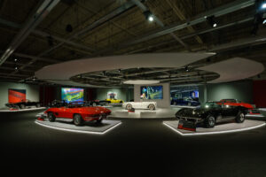 Interior of the Corvette Room at the Newport Car Museum, Rhode Island, featuring vintage Corvettes across the years, photographed by Mike Dooley.