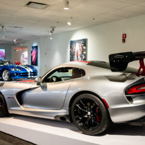 Silver Viper with red and black racing stripes at the Newport Car Museum, photographed as a fine art print by Mike Dooley.