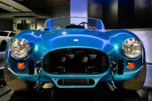 Front end of the Electric Blue Shelby Cobra at the Newport Car Museum