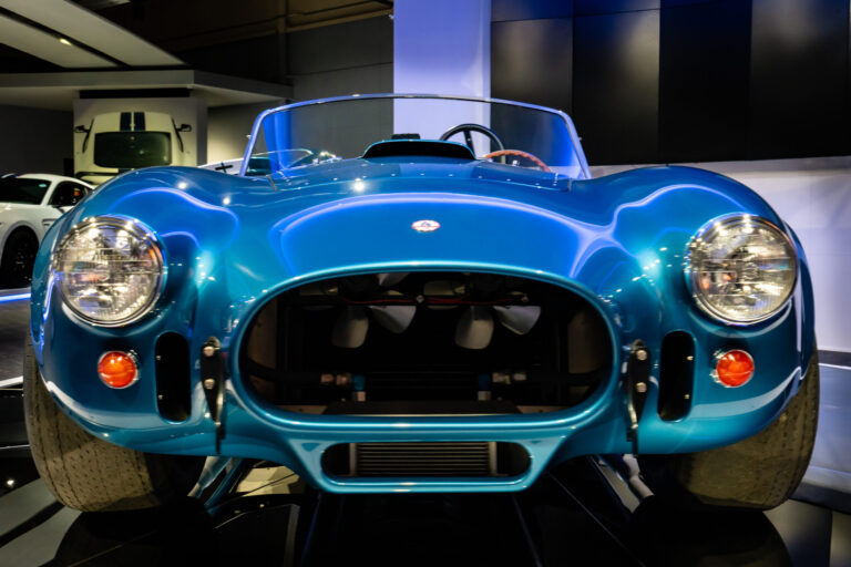 Front end of the Electric Blue Shelby Cobra at the Newport Car Museum