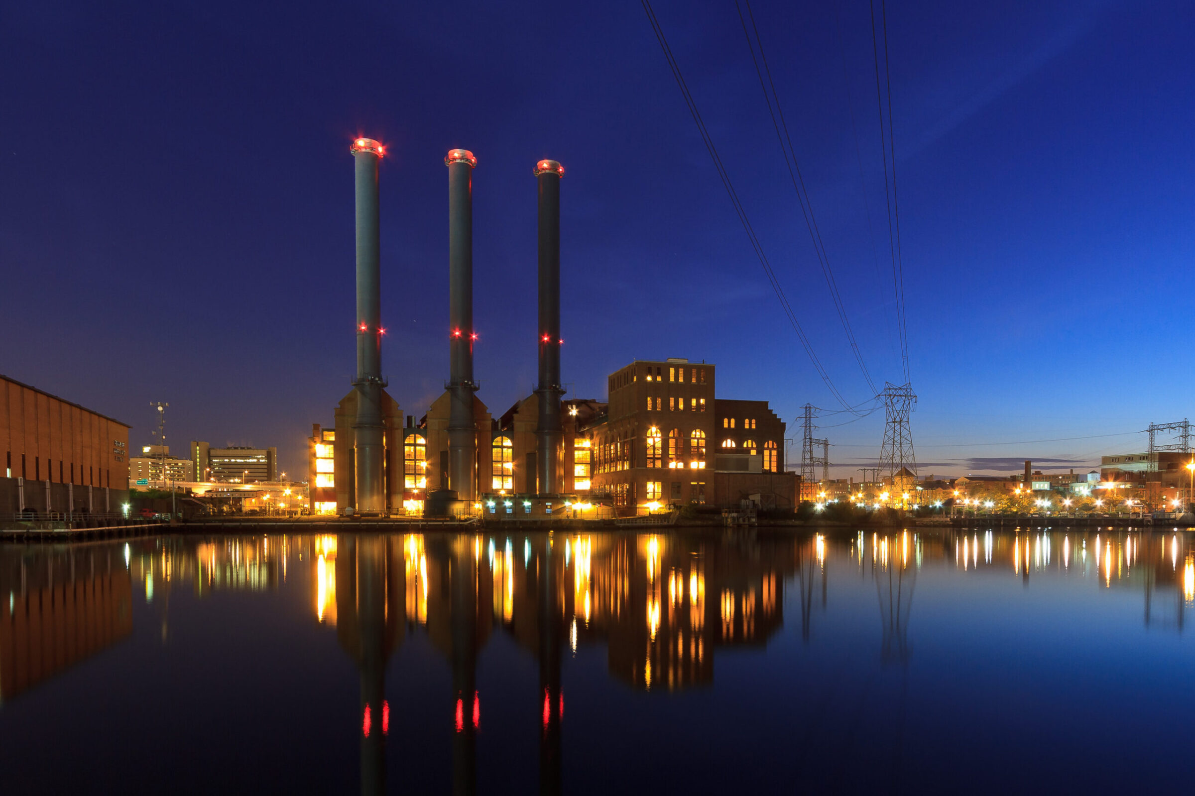 Manchester Street Power Plant at night, Providence, Rhode Island, photographed by Mike Dooley