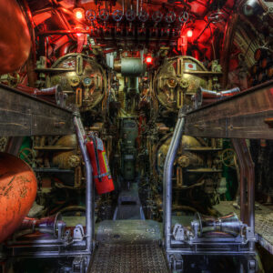 Interior of the USS Lionfish torpedo room, historic submarine photography by Mike Dooley.
