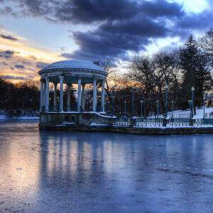 The Gazebo at Roger Williams Park, Providence, Rhode Island, photographed after a winter storm at sunset.