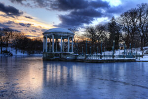 The Gazebo at Roger Williams Park, Providence, Rhode Island, photographed after a winter storm at sunset.