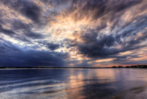Dark, dramatic storm clouds over Narragansett Bay