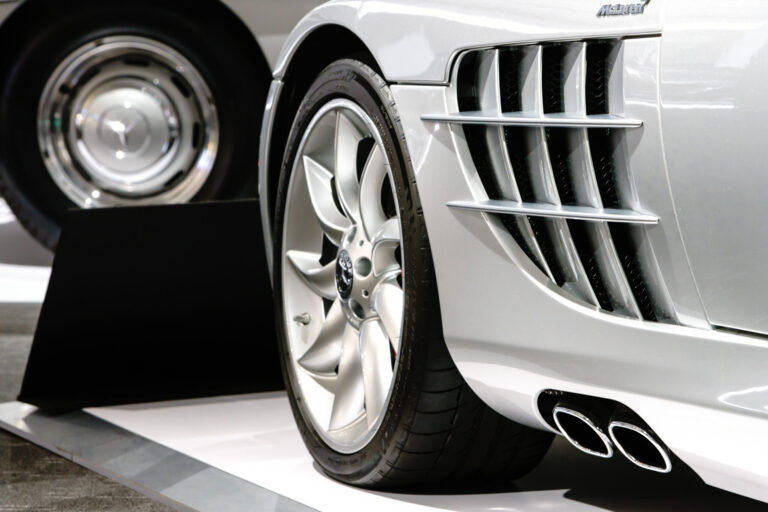 Side detail of a Mercedes showing engine compartment airflow and exhaust at the Newport Car Museum
