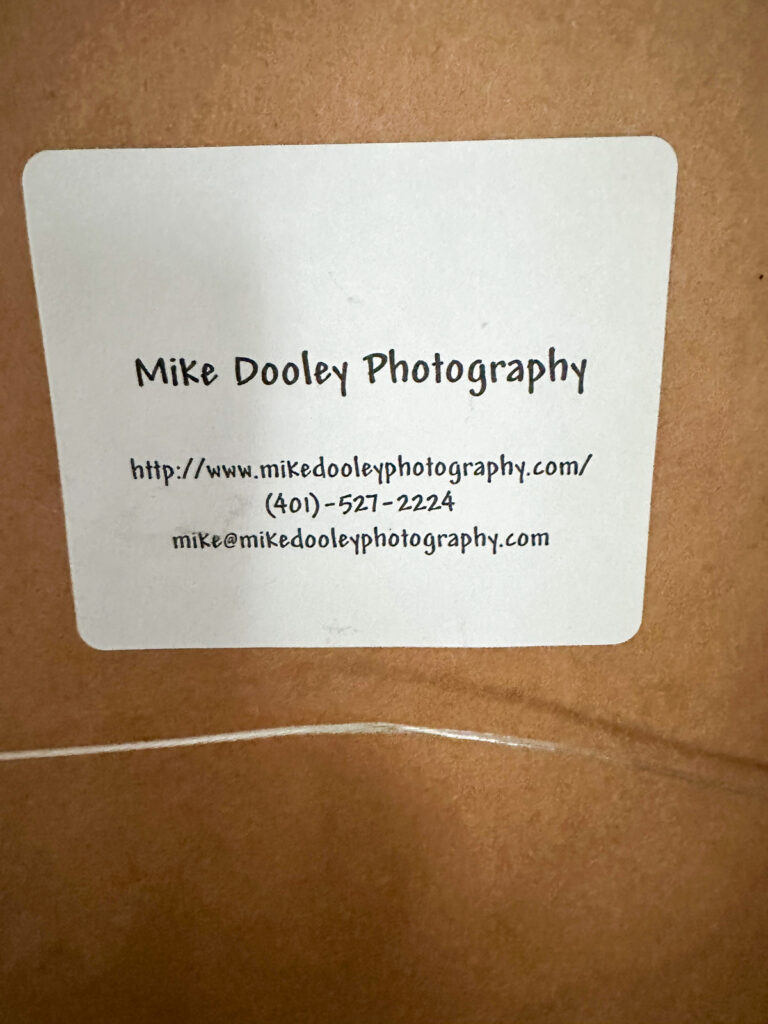 Back of a framed print showing the hanging wire used for wall mounting