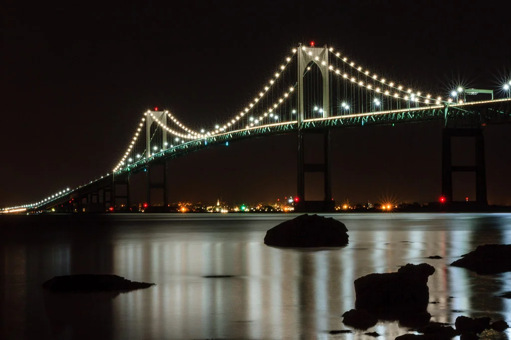 Newport Bridge at night, part of Mike Dooley's Exploring Rhode Island exhibit