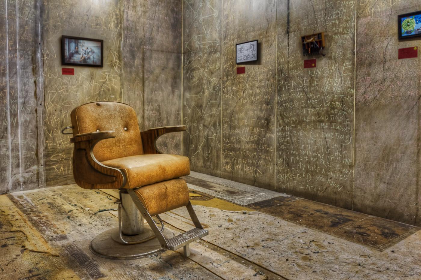 Antique barber chair inside a converted bank vault at a Providence steampunk festival