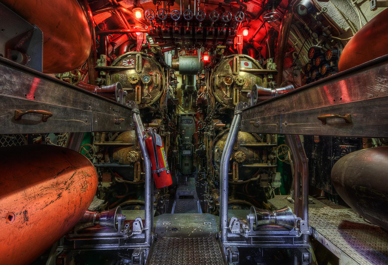 Torpedo room aboard the USS Lionfish submarine, dramatic HDR interior photograph