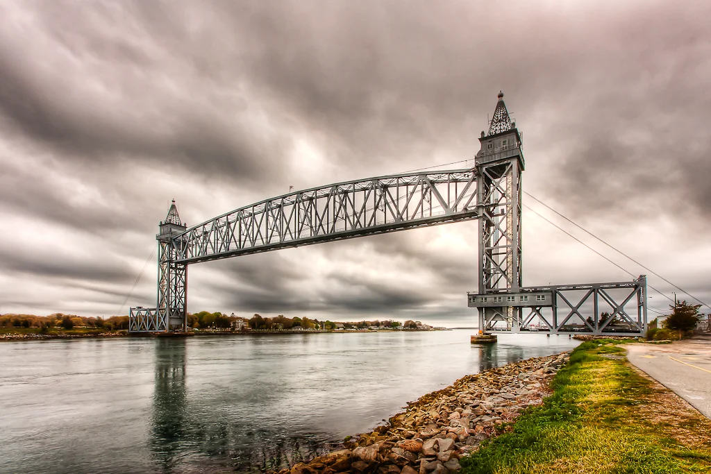 Cape Cod Canal railroad lift bridge under stormy skies, Massachusetts, fine art photograph by Mike Dooley