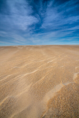 Wind-sculpted ripples in the sand at Jockey's Ridge State Park under a blue sky, Outer Banks, North Carolina, photograph by Mike Dooley