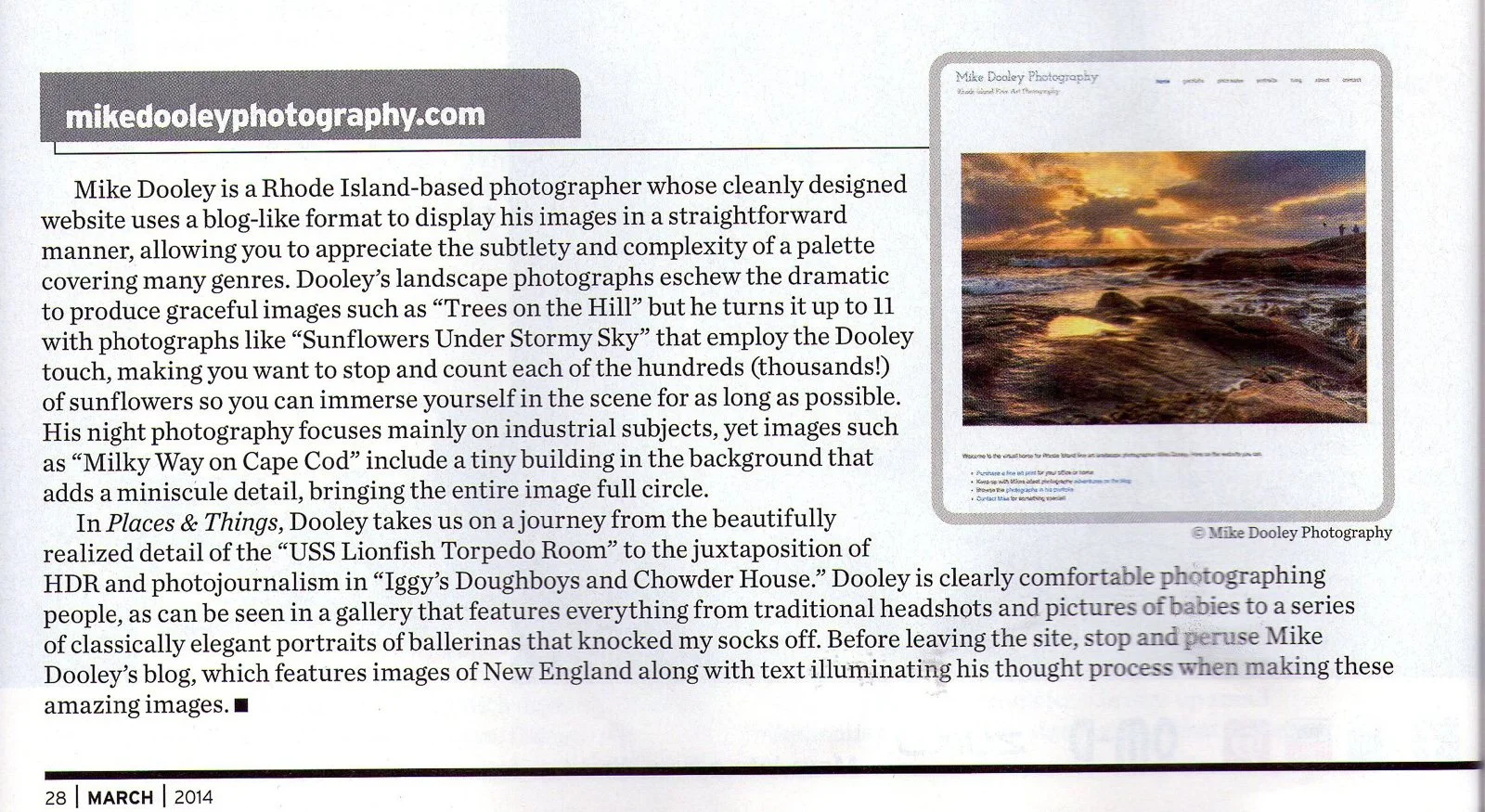 The Shutterbug Magazine Web Profiles write-up about mikedooleyphotography.com from the March 2014 issue.