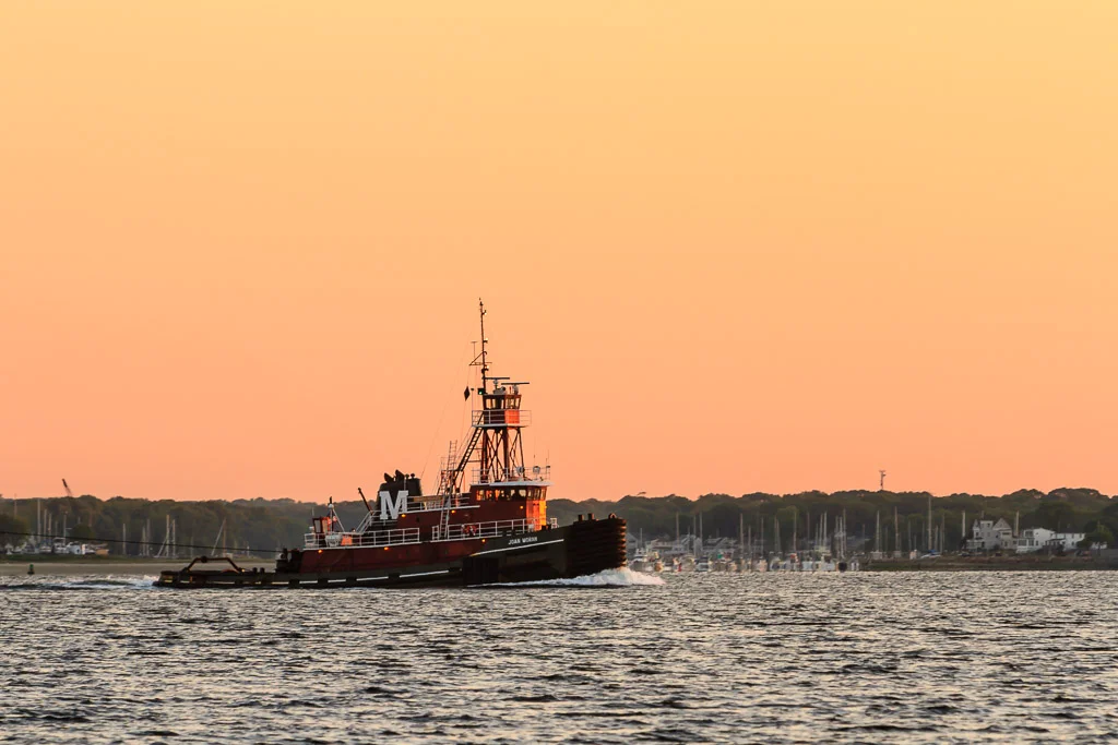 Tugboat Joan Moran at sunrise off Conimicut Point, Rhode Island, fine art photograph by Mike Dooley